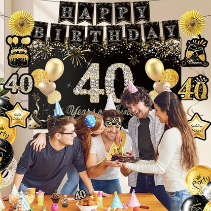 40th Birthday Decorations,39pcs-40th Birthday Decorations for Men & Women,Black Gold 40th Birthday Eyeglasses Decorations Banner Balloons Backdrop Hanging Swirls Paper Fans ,1985 Banner Party Supplies