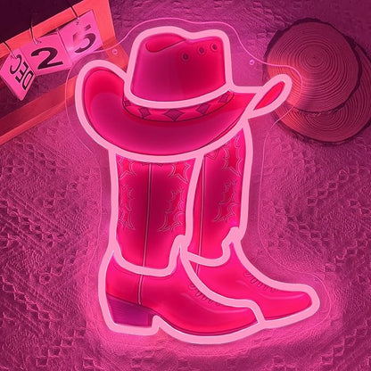 Cowboy Boot Neon Sign Cowboy Hat Neon Light 16.2”x12.3” Pink Cowgirl LED Sign for Wall Decor Dimmable Western Cowgirl Light Up Signs for Bedroom Game Room Presents for Birthday Party Rodeo Enthusiast