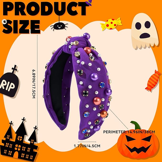 Halloween Pearl Knotted Headband for Women Girls Non Slip Rhinestone Embellished Hair Hoop Halloween Headbands Hair Accessories Gift (Purple)