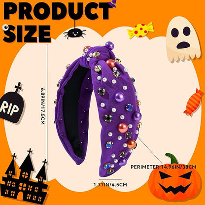 Halloween Pearl Knotted Headband for Women Girls Non Slip Rhinestone Embellished Hair Hoop Halloween Headbands Hair Accessories Gift (Purple)