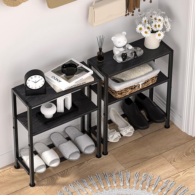 Narrow Side Table Set of 2 for Small Space, 2-Tier Small End Table with Shelf Holder, Slim Nightstand, Skinny Snack Couch Table in Living Room, Bedroom, Study, Kitchen and Balcony (Black)