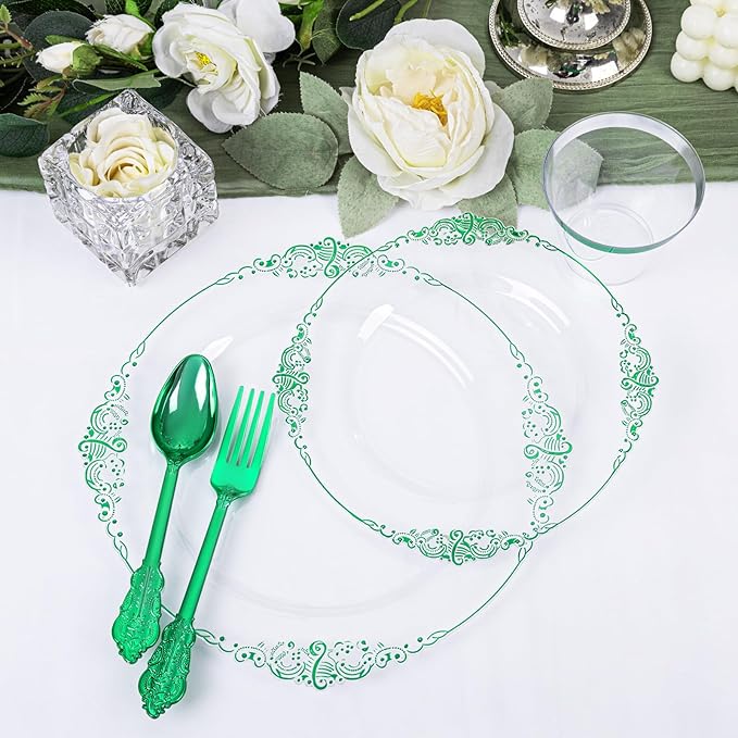 Hioasis 175pcs Clear Green Plastic Plates - Elegant Disposable Dinnerware Set Suitable for 25 Guests Include 10.25" Dinner & 7.5" Dessert Plates, Pre Rolled Silverware Set, Cups for Party & Christmas