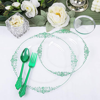 Hioasis 175pcs Clear Green Plastic Plates - Elegant Disposable Dinnerware Set Suitable for 25 Guests Include 10.25" Dinner & 7.5" Dessert Plates, Pre Rolled Silverware Set, Cups for Party & Christmas