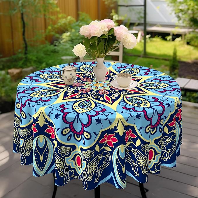 Eikione Round Tablecloth, Boho Tablecloth Waterproof and Wrinkle-Free, Boho Table Covers, Summer Decorations for Home 60inch