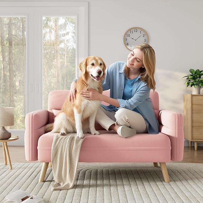 Yaheetech 46" Small Modern Fabric Sofa Loveseat Mid Century 2 Seater Sofa Couch with Lumbar Pillows, Solid Wood Legs for Living Room, Small Space, Dorm, Office, Bedroom, Pink