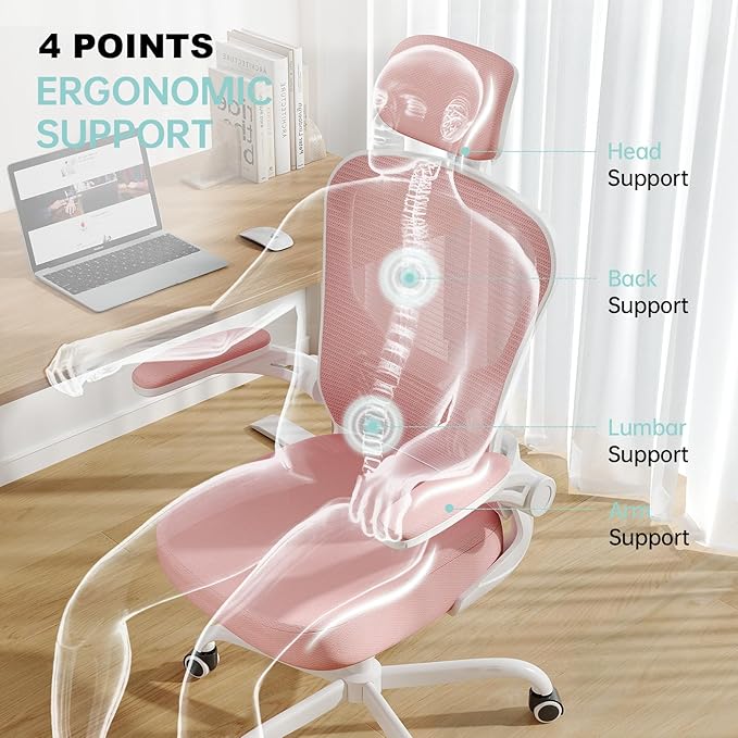 Synorla Office Chair Ergonomic Desk Chair, 330LBS Capacity, High Back Computer Design for Long Hours Comfort, Rolling Swivel Executive Task for Home Office with Flip-up Armrests（White Pink）