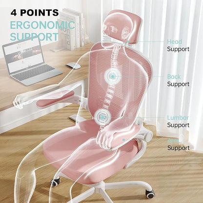 Synorla Office Chair Ergonomic Desk Chair, 330LBS Capacity, High Back Computer Design for Long Hours Comfort, Rolling Swivel Executive Task for Home Office with Flip-up Armrests（White Pink）