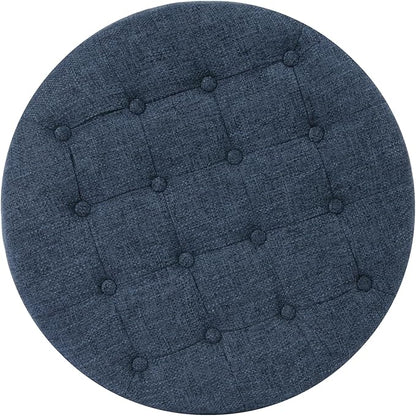 Homepop Home Decor | Large Button Tufted Woven Round Storage Ottoman for Living Room & Bedroom (Navy Woven) 25 inch D x 25 inch W x 15 inch H