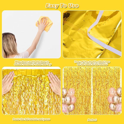 2 Pack 3.2x6.5 Feet Wavy Gold Foil Fringe Backdrop Curtains Tinsel Streamers Dance Party Decorations Photo Booth Props for Bachelorette Bridal Shower Birthday Wedding Christmas New Years Eve