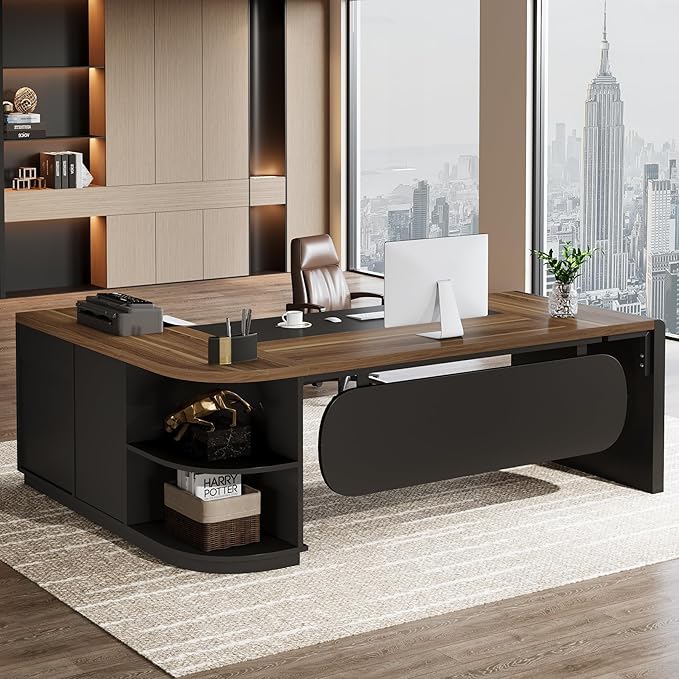 Tribesigns 80'' L-Shaped Desk Set of 6, Large Executive Office Desk with 55'' Drawers Cabinet, Modern Computer Table with Storage Shelves, Business Furniture for Office, Brown