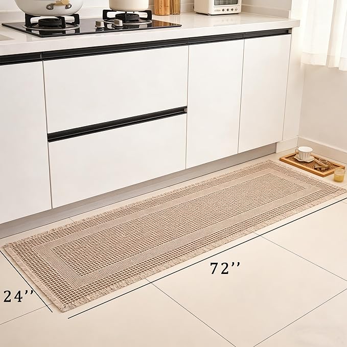 Waffle Runner Rug Non Slip, Boho Bath Mat, Super Absorbent Quick Dry Long Bath Runner Bathroom, Soft Farmhouse Bath Rug with Tassels, Washable Shower Mats for Floor 24"x72", Square Brown