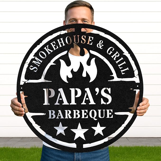 Custom BBQ Name Sign, Rustic Metal Cut Wall Art for Outdoor Grill and Patio, Personalized Backyard Barbecue Gift Idea