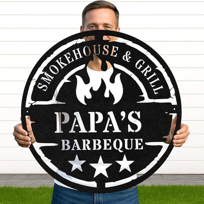 Custom BBQ Name Sign, Rustic Metal Cut Wall Art for Outdoor Grill and Patio, Personalized Backyard Barbecue Gift Idea