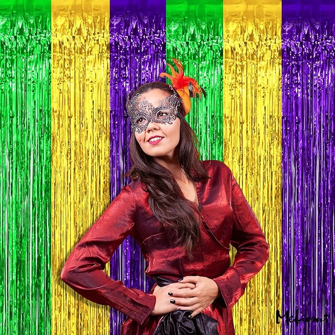 4 Pack 3.2Ft x 8.2Ft Mardi Gras Fringe Curtain Backdrop, Gold Green Purple Metallic Tinsel Foil Fringe Streamers Curtains Background for Photo Booth Birthday Wedding Carnival Party Decorations