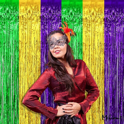 4 Pack 3.2Ft x 8.2Ft Mardi Gras Fringe Curtain Backdrop, Gold Green Purple Metallic Tinsel Foil Fringe Streamers Curtains Background for Photo Booth Birthday Wedding Carnival Party Decoration