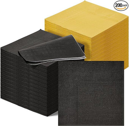 Henoyso 200 Pcs Cocktail Napkins Gold Disposable Dinner Napkins Bulk Square Paper Beverage Serviette for Graduation Wedding Party Birthday Lunch Drink Coffee Bar (Black,Gold)