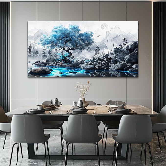 FUHAIHUA Canvas Wall Art For Living Room Large Wall Decor For Office Bedroom Decor Black And White Wall Pictures Artwork Blue Tree Landscape Paintings Ready To Hang Hotel Room Decoration 30x60 In