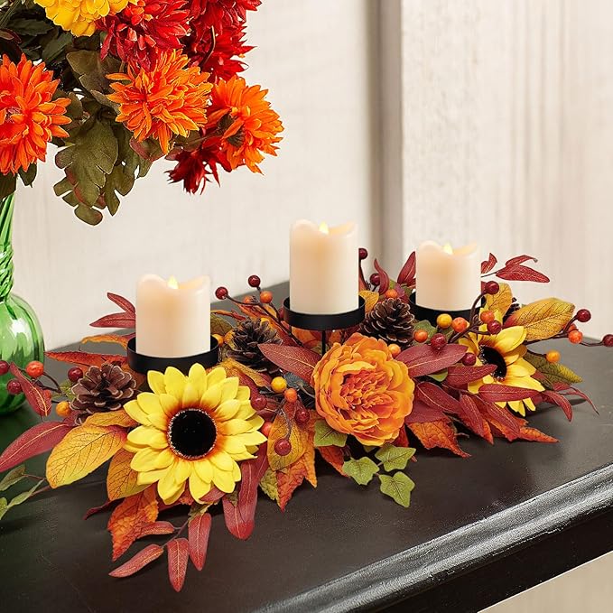 Thanksgiving Centerpiece Fall Table Decorations, Artificial Sunflowers, Peony, Berries, Pine Cones and Autumn Leaves Harvest Table Candelabrum for Fireplace Mantel (Candle Not Included)