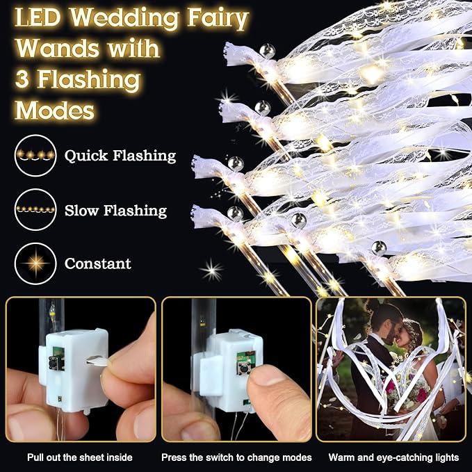 60PCS Light Up Wands,White Wedding Wands Streamers with 3 Flashing Modes,LED Silk Fairy Wands with Bells,Glow Lace Sticks for Wedding Reception,Birthday,Raves,July 4th