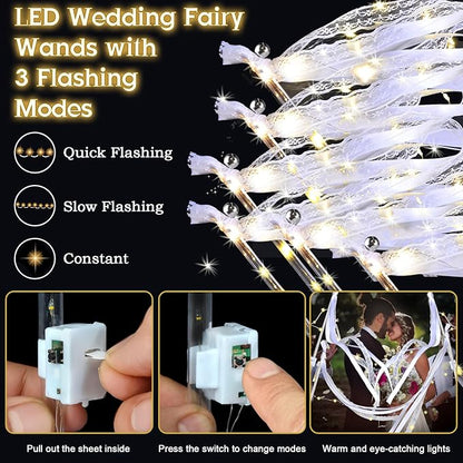 60PCS Light Up Wands,White Wedding Wands Streamers with 3 Flashing Modes,LED Silk Fairy Wands with Bells,Glow Lace Sticks for Wedding Reception,Birthday,Raves,July 4th