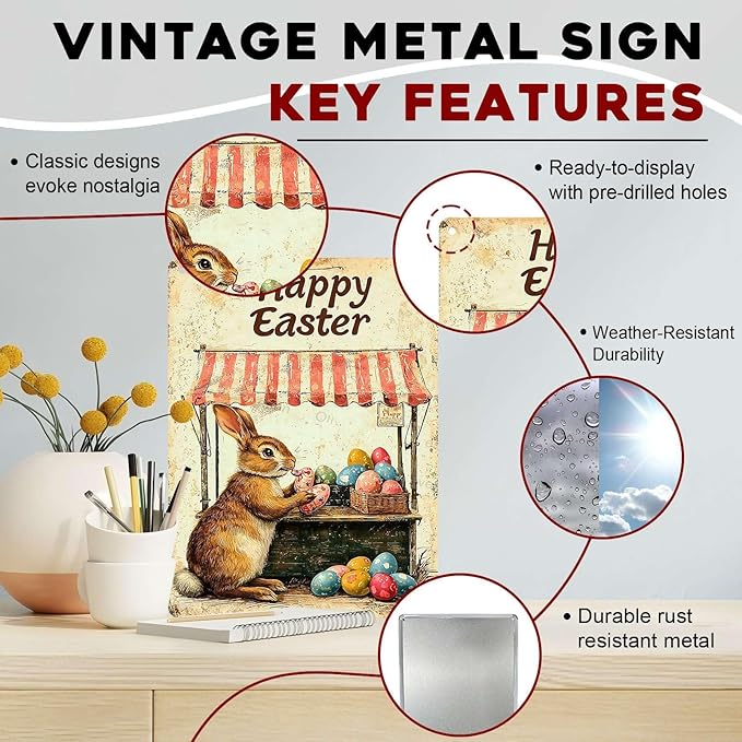 Metal Tin Sign Happy Easter Bunny Signs Vintage Wall Art Decor For Backyard Home Living Room Easter Garden Vintage Wall 12x16Inch