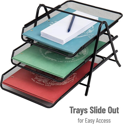Mind Reader 3-Tier Paper Tray, Desktop Organizer, File Storage, Workspace, Office, Metal Mesh, 11.75"L x 13.75"W x 10"H, Black