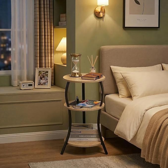 Small Round Side Table with Charging Station, 3-Tier Waist Circular End Table with Storage Shelf, Compact Tea Sofa Side Table Small Spaces, Round Corner Coffee Table for Living Room Bedroon,Oak