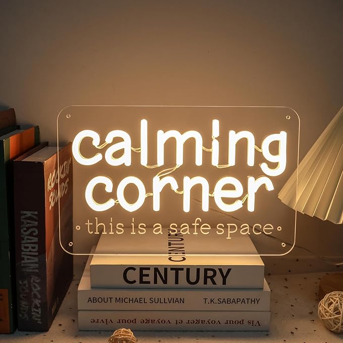 Calming Corner Neon Sign for Classroom Decor Warm White, Dimmable Calm Down Corner Led Light Sign for Kids Room Classroom Library School Therapy Office, Gifts USB Powered for Home Preschool 12"X7.6"