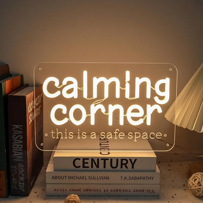 Calming Corner Neon Sign for Classroom Decor Warm White, Dimmable Calm Down Corner Led Light Sign for Kids Room Classroom Library School Therapy Office, Gifts USB Powered for Home Preschool 12"X7.6"