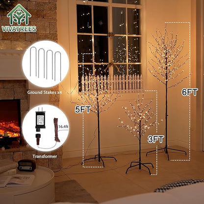 3ft & 5ft & 6ft Twinkling Twig Trees Set, with Warm White Lights, Indoor Outdoor Christmas & Wedding Decor(3 Sizes Pack)
