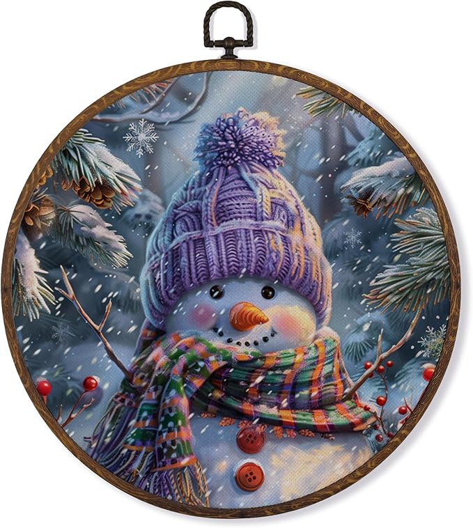 MOTERMATE Vintage Christmas Snowman Wall Art Decor Round Framed, Christmas Canvas Wall Art Artwork Prints, Cottagecore Farmhouse Xmas Snowman Hanging Decor Decorations for Home Living Room, 10x10 Inch