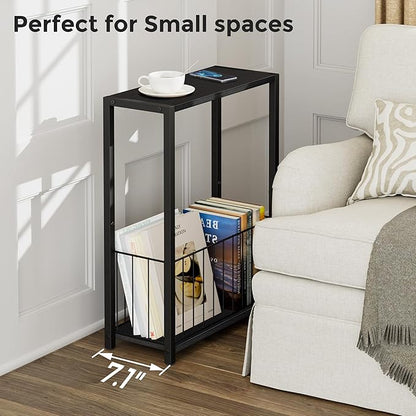 Narrow Side Table with Magazine Holder, Skinny End Table Perfect for Small Spaces, Space-Saving Design for Living Room, Bedroom, or Office, 7.1" D x 16.9" W x 23.6" H, Black
