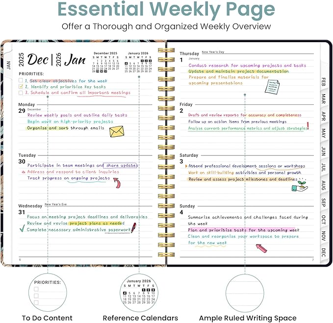 2026 Planner, Weekly and Monthly Planner for Women, Jan 2026 - Dec 2026 Pretty 2026 Calendar Planner with Monthly Tabs, Inner Pocket, Spiral Binding, Perfect for Office Home School - 6.3" x 8.5", Amber Bloom