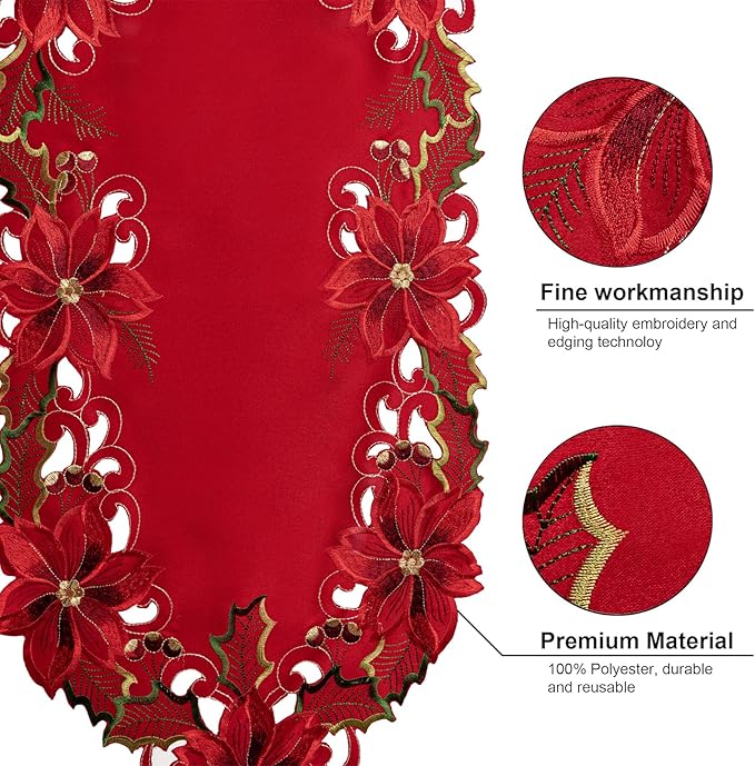 Joyfol Day Christmas Embroidered Red Table Runner 14 x 59 Inch, Cutwork Poinsettia Holly Leaves Acorns Table Runners, for Xmas Holiday Winter Festival Kitchen Dining Tabletop Decoration
