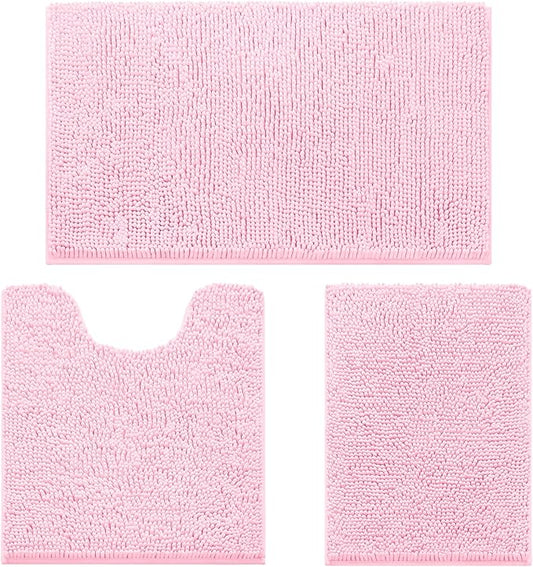 HOMEIDEAS 3 Pieces Bathroom Rugs, Ultra Soft Non Slip Absorbent Chenille Toilet Bath Mat Set (Light Pink)