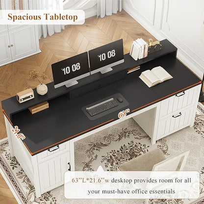 SEDETA Farmhouse 63" Executive Desk, Home Office Desk with File Drawer and Monitor Stand, Computer Desk with Drawers and Storage Cabinet, Wood Desk for Work Study Writing, White