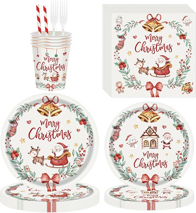 125PCS Christmas Party Paper Plates and Napkins Forks Cups Set for 20 Guests, Santa Claus Snowman Disposable Dinnerware Set Party Supplies (White)