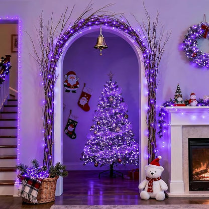 JMEXSUSS Connectable 100 LED Purple Christmas Lights Indoor, 8 Modes Plug in Purple String Lights Clear Wire, 33ft Christmas Tree Light Outdoor for Xmas Tree, Garden, Bedroom
