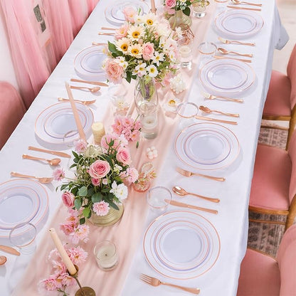WELLIFE 150 PCS Rose Gold Disposable Dinnerware Set for 25 Guests, Valentine's Day Plate, 25 Dinner & Salad Plates, Cups, Forks Knives Spoons for Wedding Reception and Mothers Day Plates