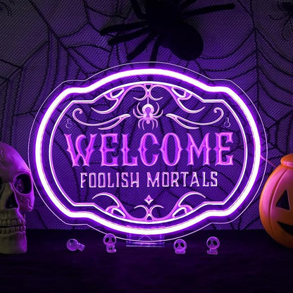 Horseneon Welcome Foolish Mortals Christmas Neon Sign Haunted Mansion LED Wall Decor for Door Mab Cave Light Horror Movie Parties & Themed Bars Spooky Flicker Effect Christmas Gifts