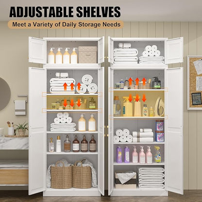 Kitchen Pantry Storage Cabinets, 86" Tall Metal Storage Cabinet with Doors and 4 Shelves, Food Pantry Cabinet, White Kitchen Cupboard, Large Steel Cabinets for Dining, Office, Living Room