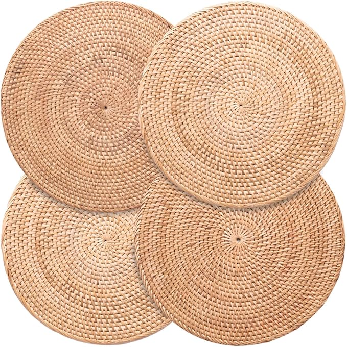 4-Pack Rattan Placemats - 13-inch Round Placemats (Natural Rattan Color) - Woven Place Mats, Round Table Mats - Wicker Chargers for Dinner Plates, Plate Chargers Boho - Kitchen Table Decor