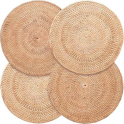4-Pack Rattan Placemats - 13-inch Round Placemats (Natural Rattan Color) - Woven Place Mats, Round Table Mats - Wicker Chargers for Dinner Plates, Plate Chargers Boho - Kitchen Table Decor