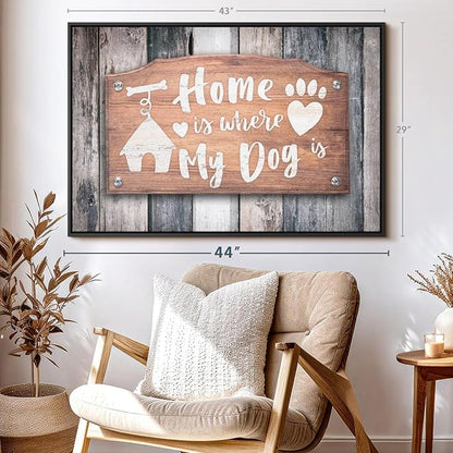 Elephant Stock Home Is Where My Dog Is Wall Art - Horizontal Floating Framed Canvas - 1-Piece Living Room Wall Decor - Pet Digital Art Canvas Print - Gray and Beige Decor for Wall - 43" X 29"