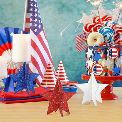 COCHIE 6 Inch Labor Day Decorations Wooden Stars Set, 3D Glitter Star Memorial Day Tiered Tray Decor, 4th of July Red White Blue Patriotic Decoration for Home Table Desk Door Shelf (Solid, 3 Pcs)