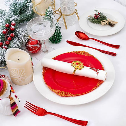 100PCS Christmas Paper Napkins - Red Christmas Tree Napkin with Built-in Flatware Pocket Prefolded Cloth-Like - Heavy-duty Linen-Feel Dinner Napkins Disposable for Xmas Events Tableware Decor