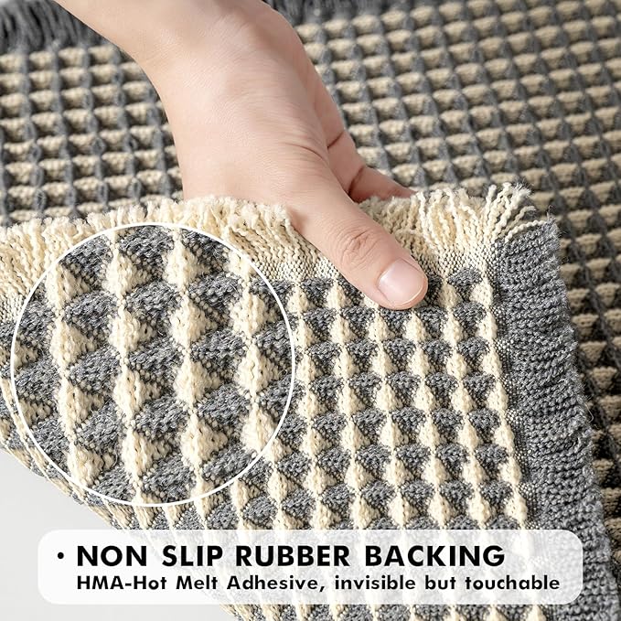 MIULEE Set of 2 Waffle Bathroom Rugs, Boho Bath Rugs Non Slip Washable, Super Absorbent Bath Mats, Ultra Soft Rubber Backed Shower Mats for Bathroom Floor, Tub, Dark Grey & Yellow, 18x30 Inch