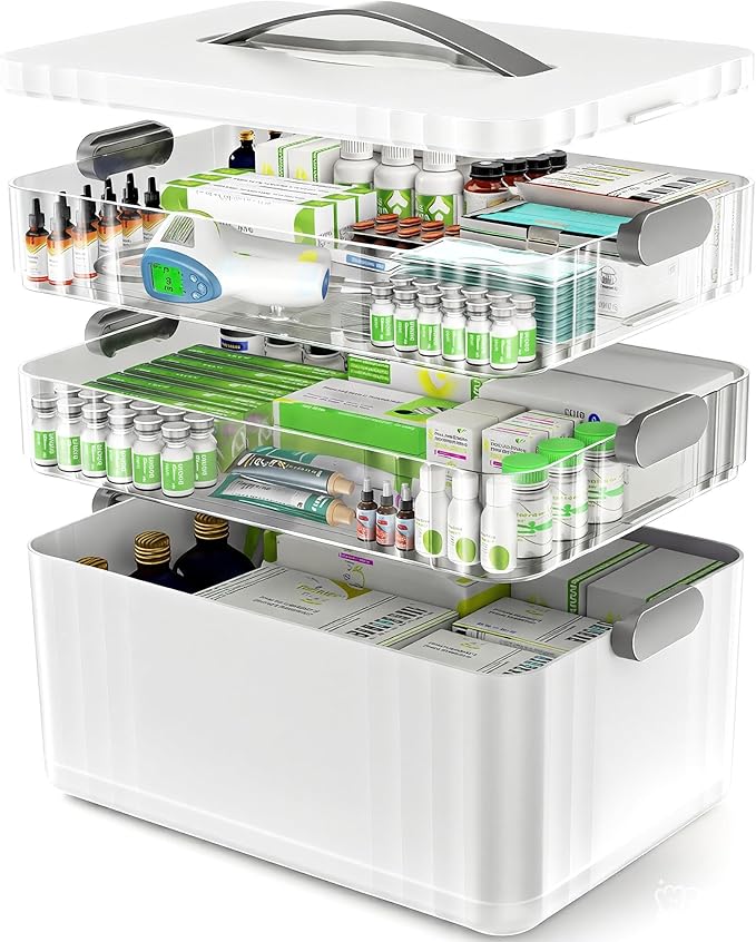 3-Tier Medicine Organizer - Portable Medicine Cabinet with Plastic Handle, Multipurpose Medical Box, Pill Organizer, Empty First Aid Kit for Home