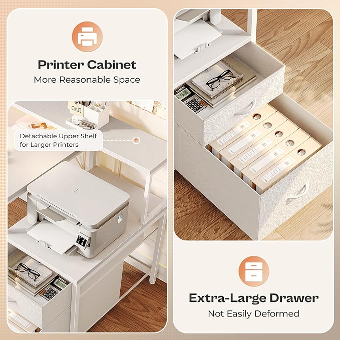 PRAISUN 66" L Shaped Gaming Desk with LED Lights & Power Outlets, Computer Desk with Fabric Drawers and Print Stand, Corner Office Desk, Monitor Stand, Mesh CPU Stand, White
