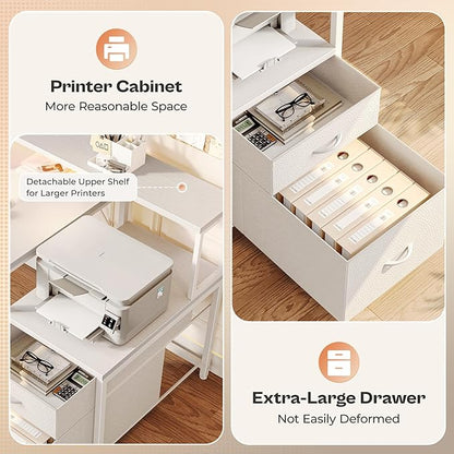 PRAISUN 66" L Shaped Gaming Desk with LED Lights & Power Outlets, Computer Desk with Fabric Drawers and Print Stand, Corner Office Desk, Monitor Stand, Mesh CPU Stand, White